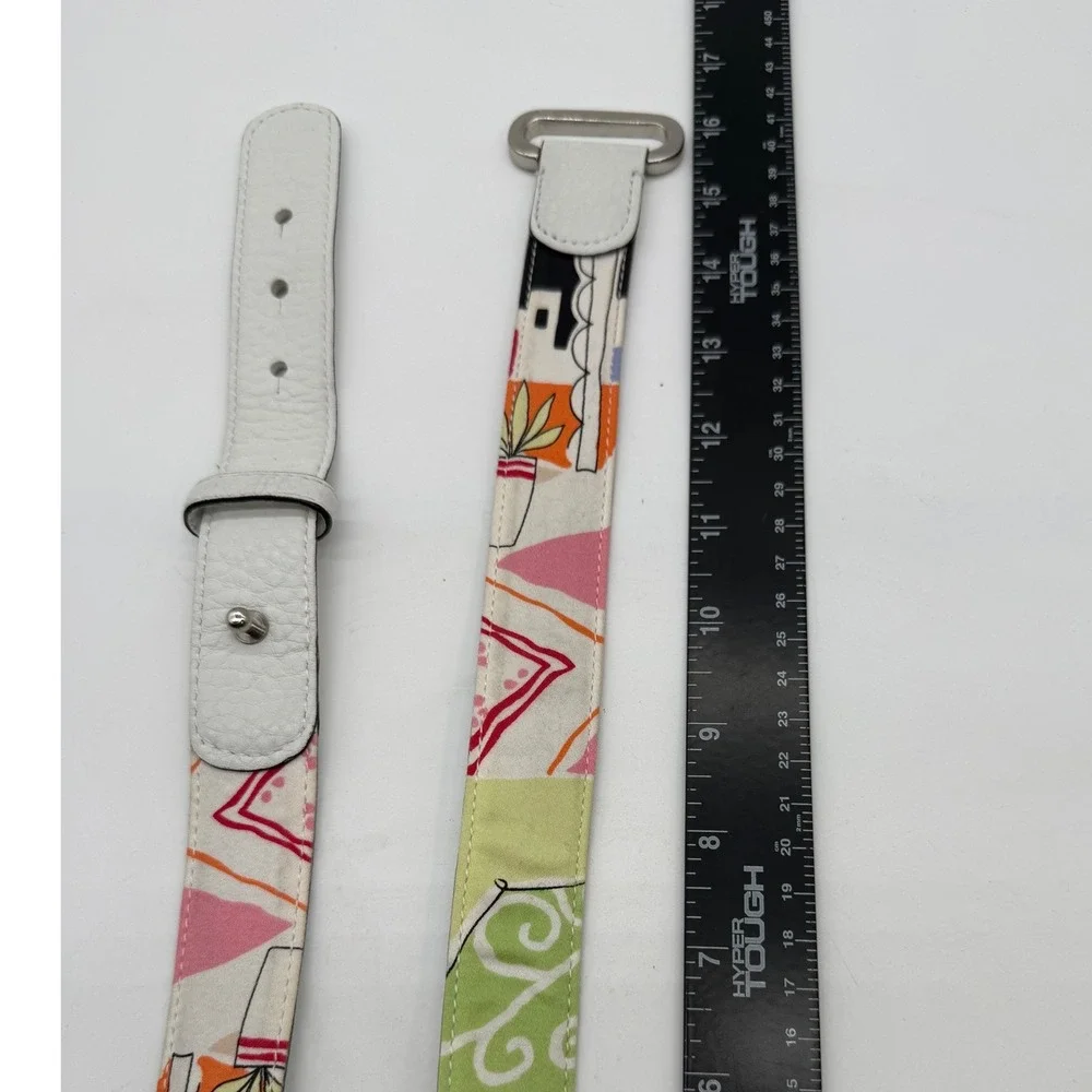 Talbots Womens XS White Leather Fabric Abstract Print Belt Silver Stud Closure